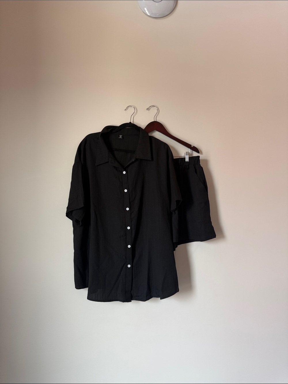 SHEIN Black Short Sleeve Button-Down Shirt with Matching Shorts